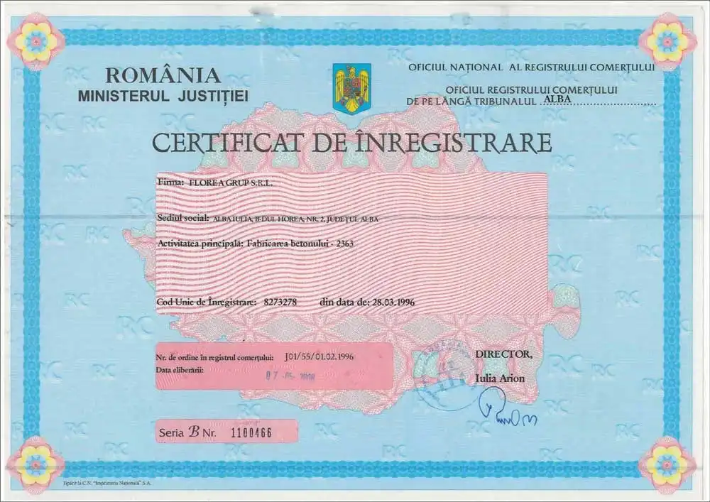 Certificatul de înregistrare al societății Florea Grup, emis în 1996