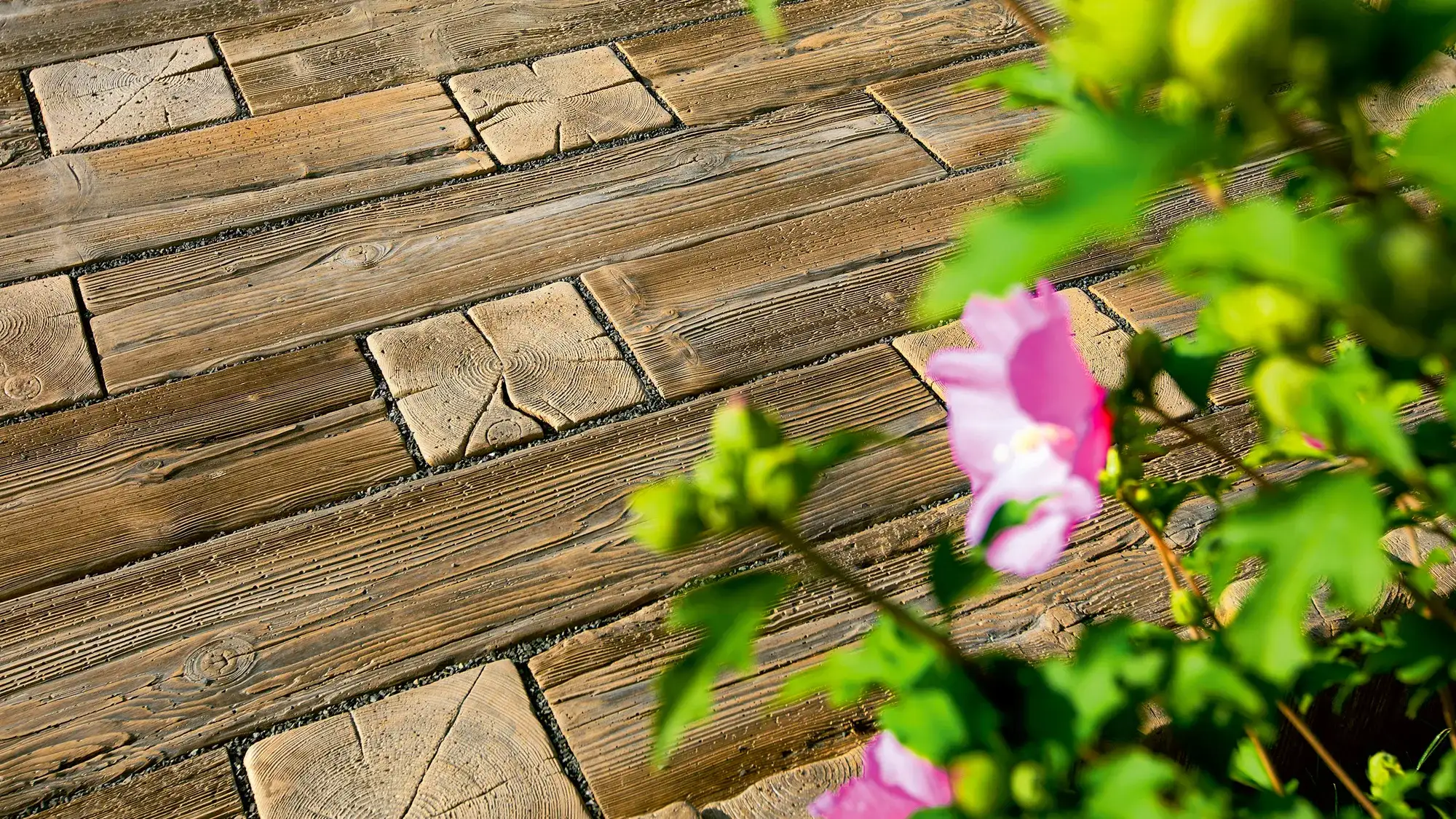 Detaliu de pavaj Petra cu textură de lemn, lângă o floare de hibiscus